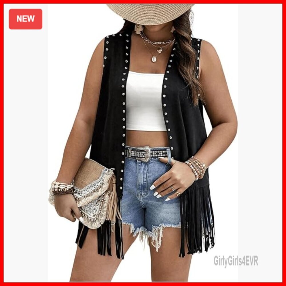 Plus Size Faux Suede Fringe Vest with Rivets Sleeveless Western Jacket